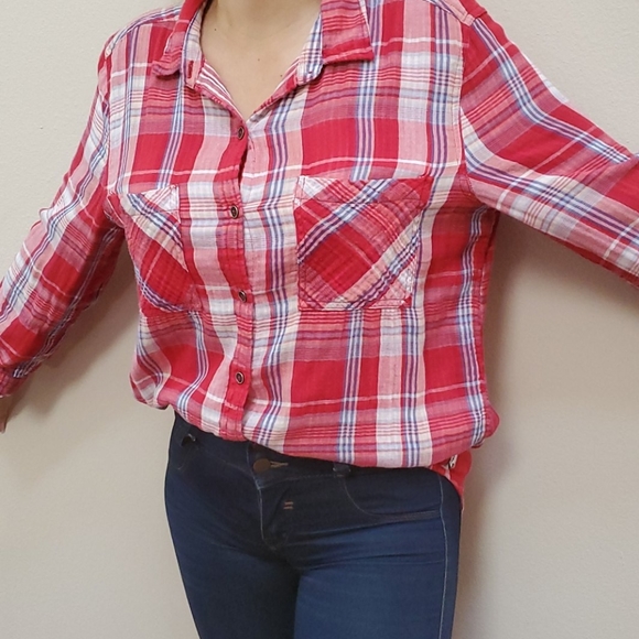 Seven7 Tops - 7Seven 3/4 Sleeve Red White Blue Plaid Gauze Shirt
